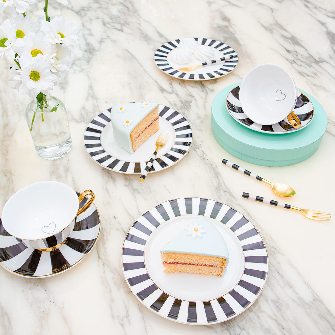 Bombay Duck Stripy Black White and Gold Tea for One Set